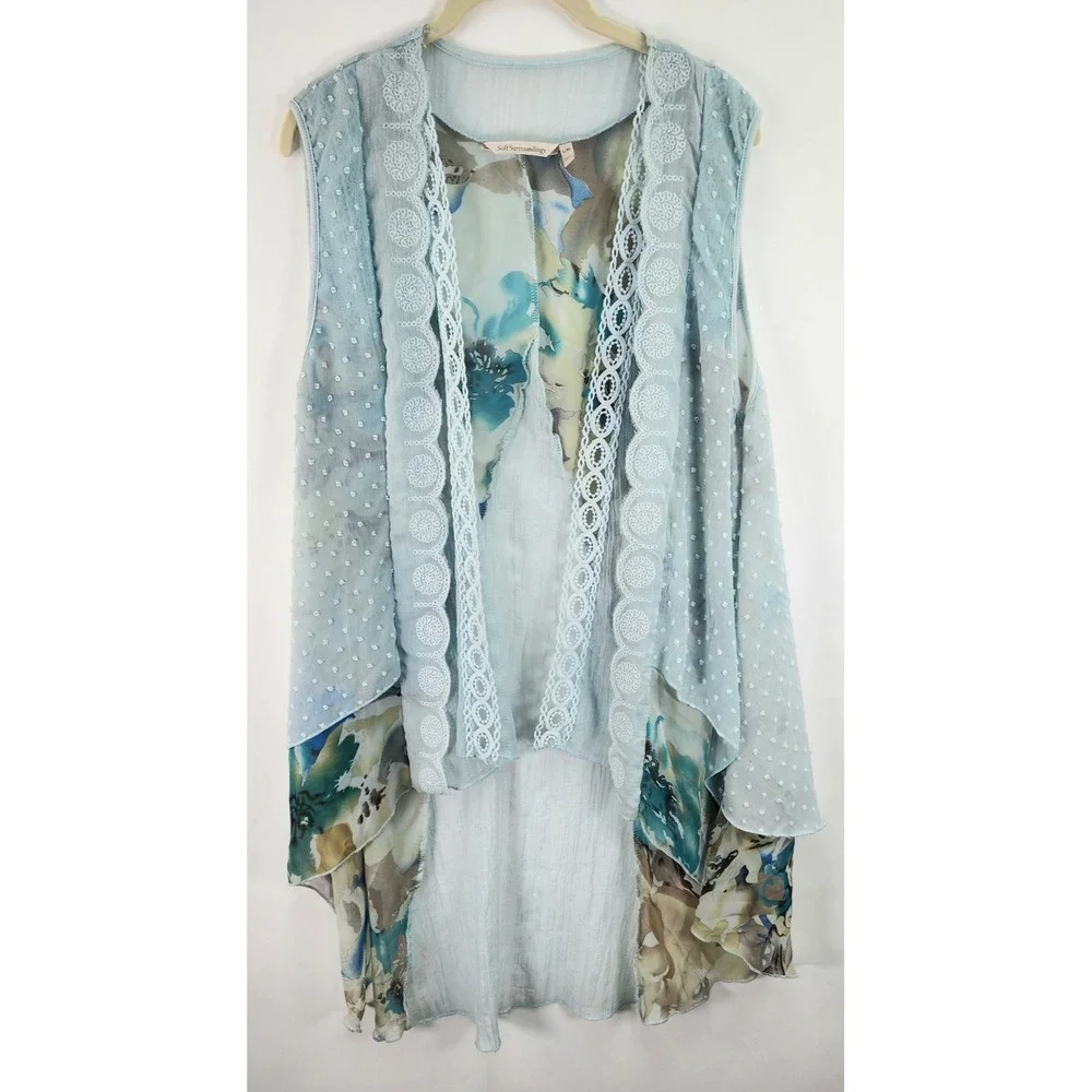 Soft Surroundings Vest Women's L/XL Blue Floral Swiss Dot Boho Romantic